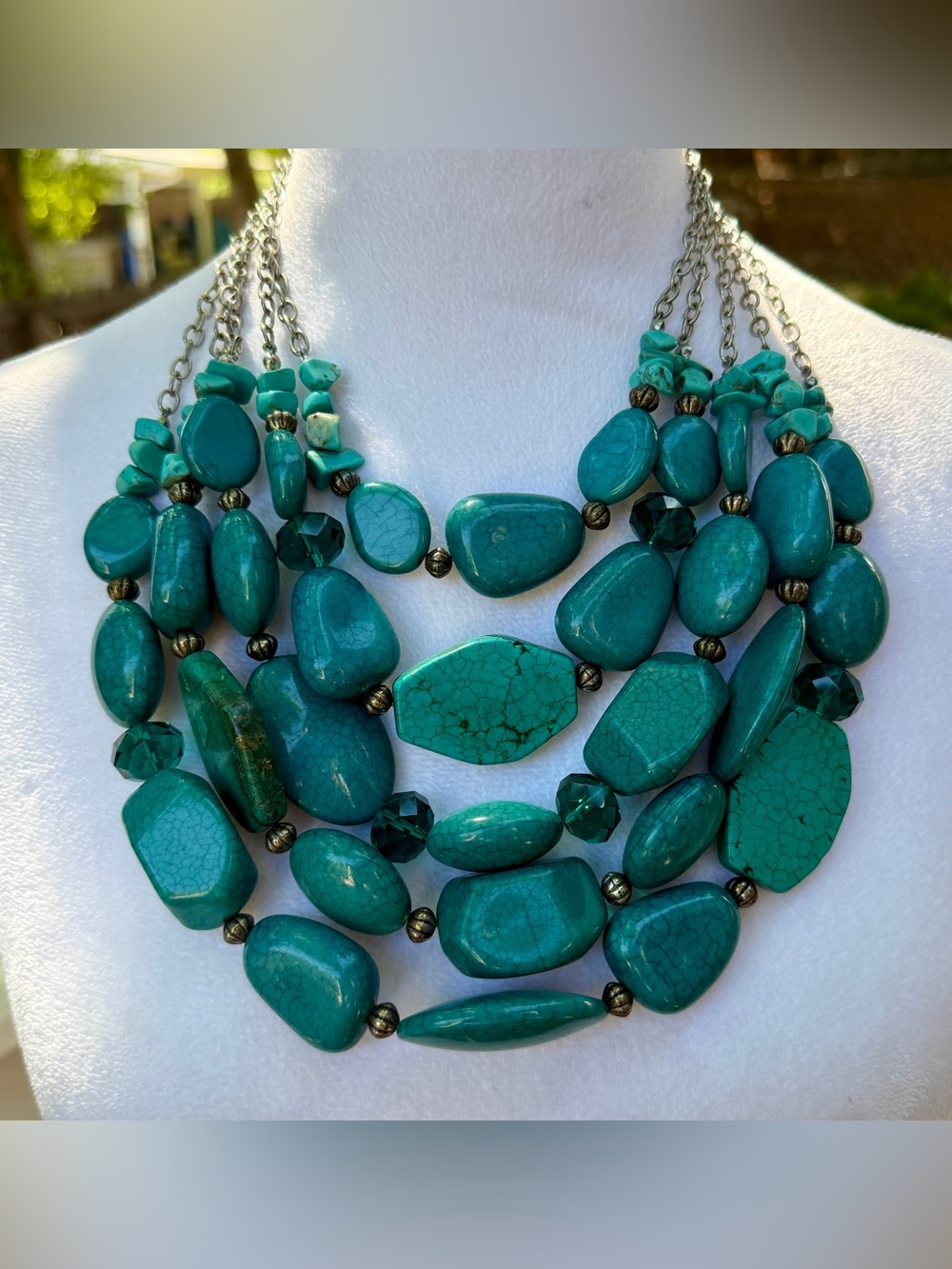 Multi Strand Layered Faux Turquoise Beaded Stone Statement Necklace Southwest - Picture 2 of 16
